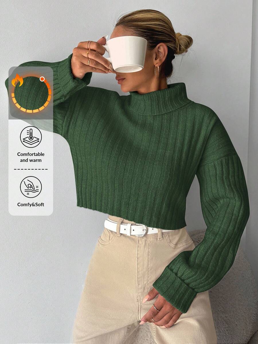 EURMUSE Turtleneck Drop Shoulder Ribbed Knit Crop Sweater - Green - View 1