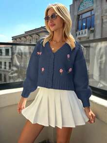 EURMUSE Women Knitwear Cardigan With Flower Embroidery - Navy Blue - View 5