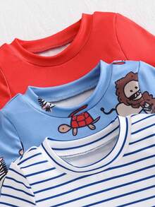 3件套男童可爱卡通条纹印花舒适长袖T恤和长裤睡衣套装 - 彩色 - 查看 3