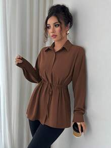 Elenzga Áo sơ mi công sở kiểu Pháp thanh lịch dành cho nữ, có cổ, vạt trước, dây rút eo, nơ, tay dài, thích hợp cho mùa xuân, thu và đông - Cà phê nâu - Xem 5