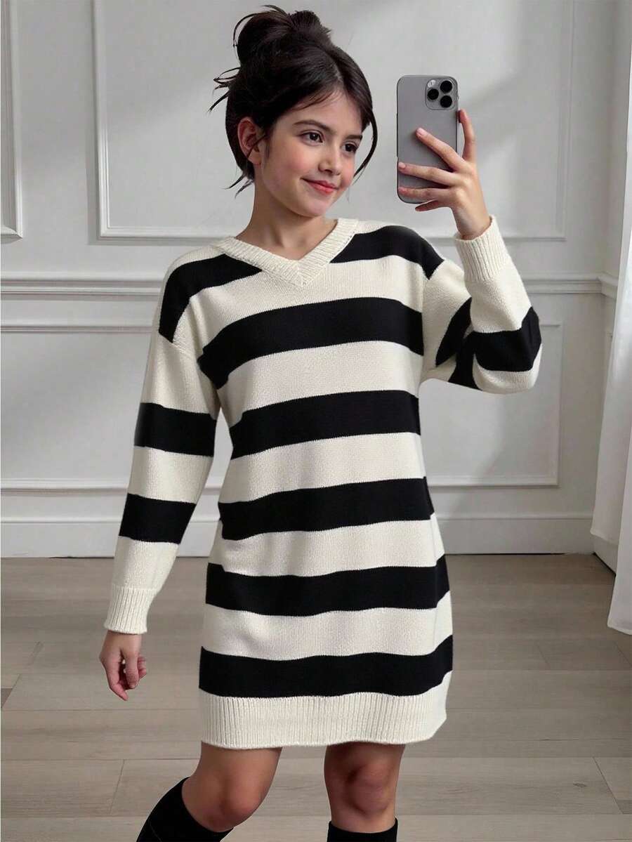 SHEIN 1pc Girls' Oversized Sweater Dress,Black And White Striped,Autumn Casual Back-To-School V-Neck Loose Long Sleeve Knit School Dress For Teen Girls - Multicolor - View 1
