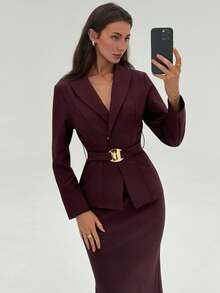 Aloruh Women's Solid Color Shawl Collar Long Sleeve Belted Jacket And Fish Tail Midi Skirt Elegant Suit Set