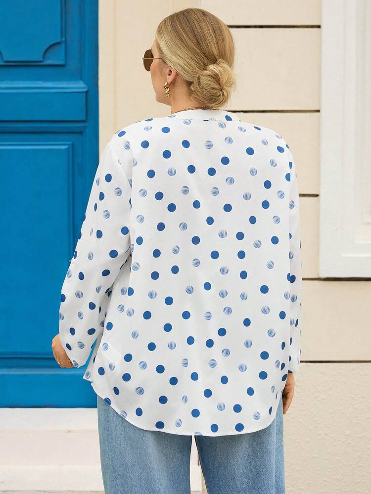 Plus Size Women's Polka Dot V-Neck Casual Dropped Shoulder Versatile Blouse Blue And White Shirt Maija Fall Winter 2025 Women Maija Cozy Fall And Winter Clothes For Women  Stylish Clothing Collection Elegant Party Clothes For New Year Christmas Clothes For Women  Winter Clothes For Women