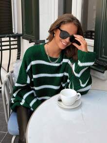 EURMUSE Women Black & White Striped Round Neck Loose Fit Long Sleeve Pullover Sweater,Jumper,Cream Jumper,Jumpers,Womens Jumper,Women's Jumper,Women's Jumpers,Winter Clothes - Green - View 4
