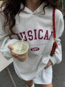 DAZY 1件装 女士宽松休闲纯色字母印花抓绒连帽卫衣，长袖上衣，秋季服装，冬季