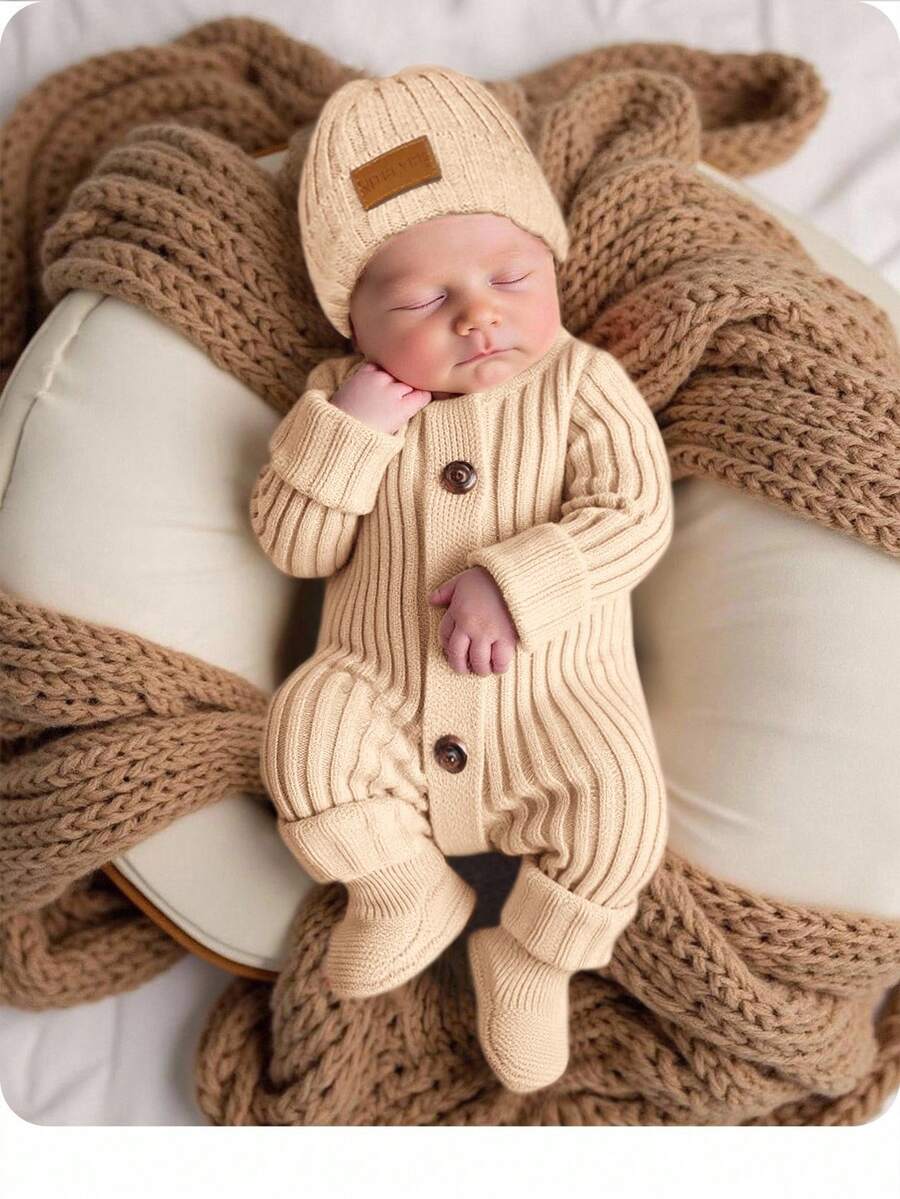 SHEIN 新生女婴可爱针织连体衣，带连脚裤和帽子套装，适合秋冬季 - 杏色 - 查看 1