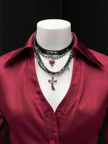 EgrlEra 深酒红色不对称下摆和袖口长袖衬衫 - 酒紅色 - 查看 4