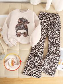 SHEIN 2pcs/Set Tween Girls Casual Loose Comfortable Cartoon Graphic Crew Neck Sweatshirt And Pants Set - Beige - View 1