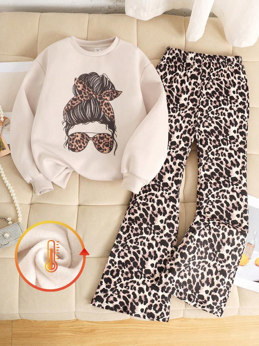 SHEIN 2pcs/Set Tween Girls Casual Loose Comfortable Cartoon Graphic Crew Neck Sweatshirt And Pants Set - Beige - View 1