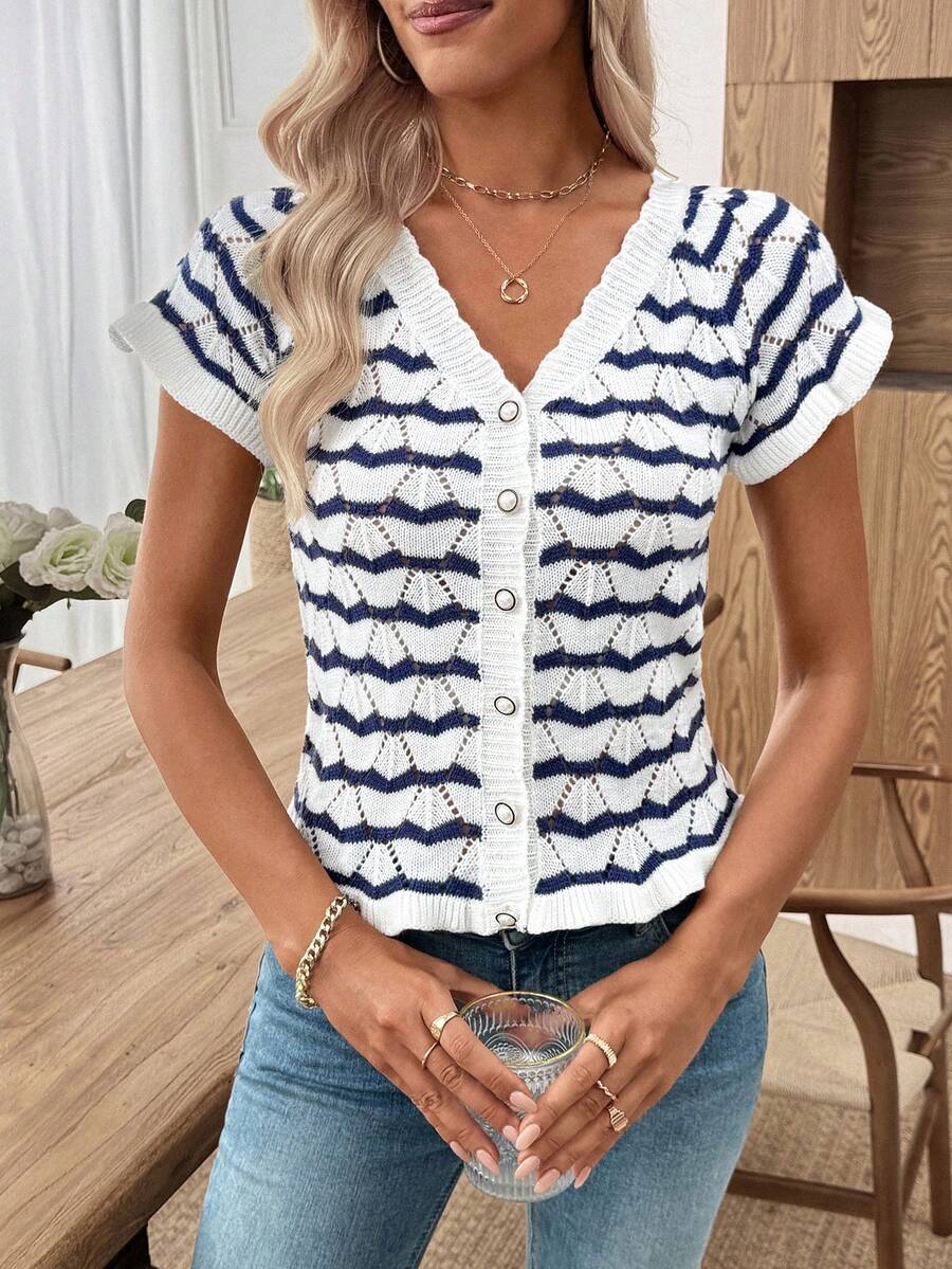 SHEIN LUNE Contrast Stripe Short Sleeve Hollow Out Knit Top Sweaters For Women Fall Sweaters - Blue - View 1
