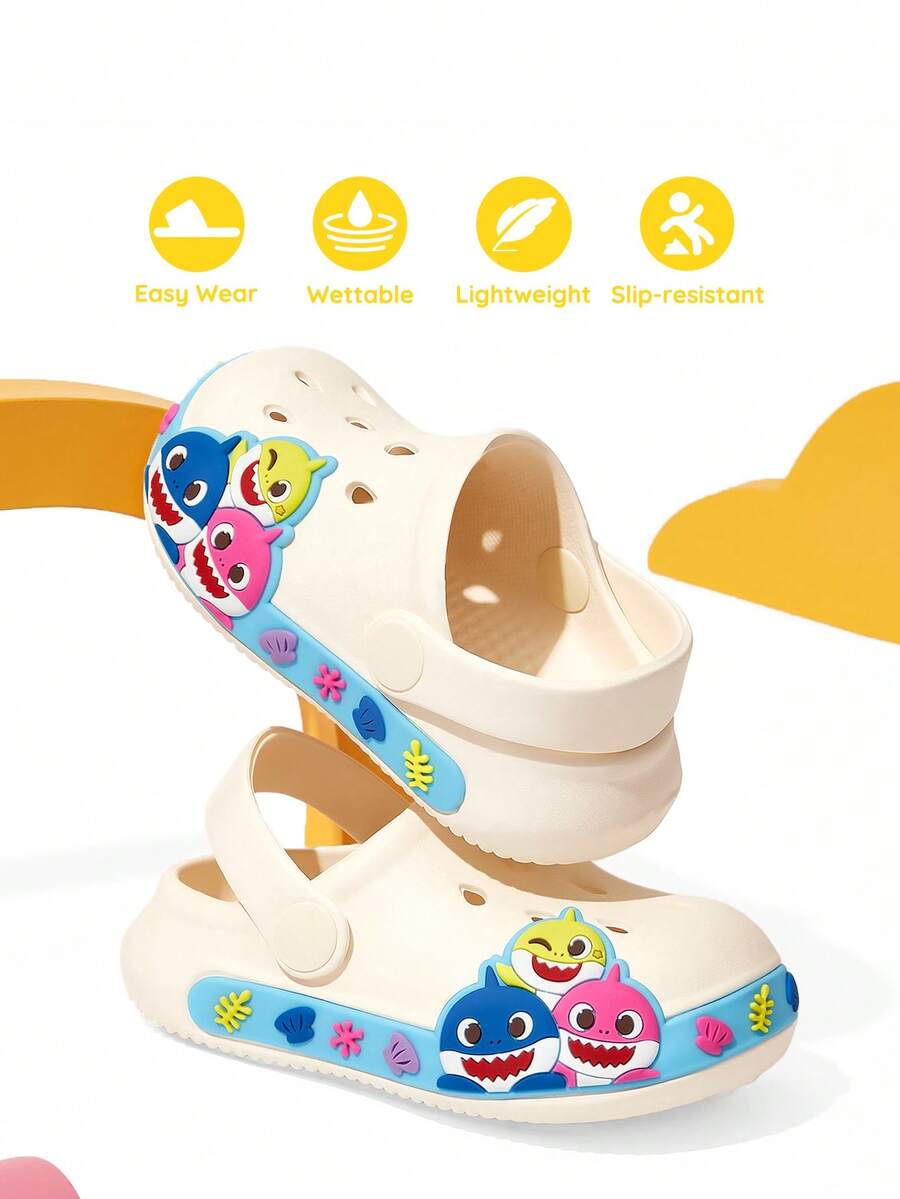 BABY SHARK X SHEIN Cute Ocean Fish Cartoon Pattern Baby Toddler White Hole Shoes, EVA Material Is Light And Non-Slip, Protects Small Feet, Can Be Wet, Suitable For Home Or Out Use, Unisex, Boys & Girls