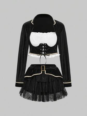 ROMWE Avant Ensemble de Top à manches longues avec design de laçage en dentelle ajourée et jupe évasée pour femmes, tenue de cosplay