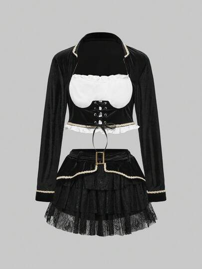 ROMWE Avant Ensemble de Top à manches longues avec design de laçage en dentelle ajourée et jupe évasée pour femmes, tenue de cosplay