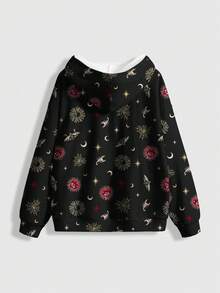 ROMWE Goth Sudadera holgada con estampado de corazón, cruz, sol, luna y estrella de estilo palaciego retro gótico para mujeres - Negro - Ver 2