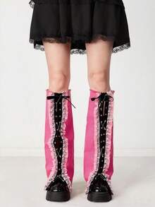 ROMWE Grunge Punk 1 双朋克摇滚豹纹别针装饰袜子，Y2K 蕾丝边纯红色喇叭腿套，修身款，适合日常、节日、派对穿着 - 玫紅色 - 查看 2