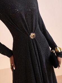 Zivah Women's Round Neck Long Sleeve Metallic 3D Floral Decor Elegant Dress