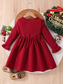 SHEIN Young Girl Solid Color Round Neck Ruffle Hem Casual Knit Dress - Red - View 7