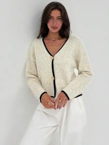 Aloruh Cardigan slim fit da donna con scollo a V, maniche a pipistrello e motivo a pois, stile vintage, adatto per autunno/inverno - Bianco - Visualizzare 5