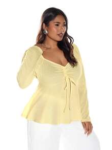 Solavibe 大码秋冬休闲度假上衣，适合外出穿着。这款大码秋冬休闲度假T恤采用心形领口和前部抽绳设计，面料质感针织，适合度假、秋冬季节、校服、简约乡村风、办公装、复古风、教师装、约会装、毕业季等场合。 - 黃色 - 查看 5