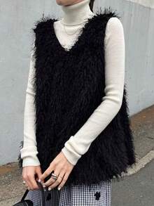 FRIFUL 女士纯色V领毛绒优雅时尚上衣，秋冬款 - 黑色 - 查看 4