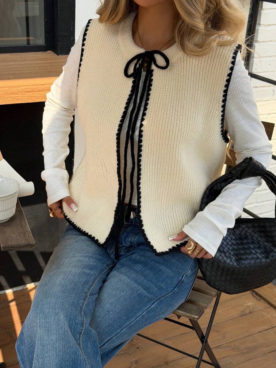 Siren Gaze 女式撞色针织背心，秋冬 - 杏色 - 查看 1