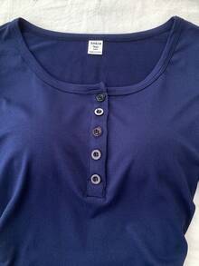 Teen Girls' Basic Half-Button Closure Casual Dress - Navy Blue - View 4