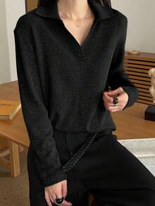 DAZY Áo thun tay dài màu trơn rộng rãi thoải mái cho nữ, phù hợp mặc công sở vào mùa thu và mùa xuân - màu đen - Xem 2