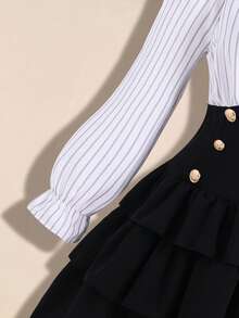 Elegant Commuter Striped Patchwork Dress For Teen Girls - Black and White - View 6