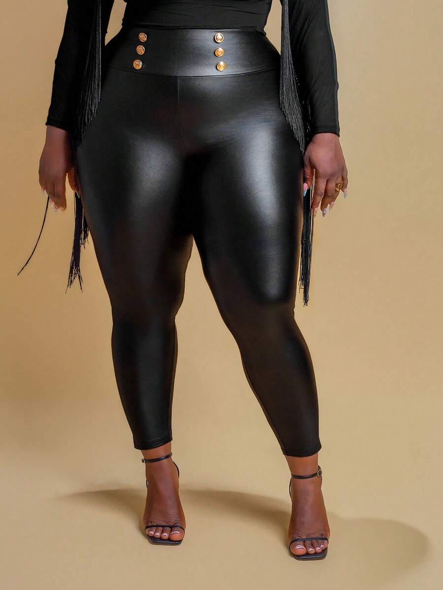 CurvyTilda Plus Size Women Black High Waist Leather Skinny Pants For Fall And Winter, For Hourglass Body Shape