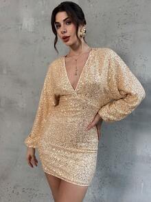 Firerie Women's Elegant Gold 70's Vintage Sparkly Beaded V-Neck Bodycon Mini Dress,Autumn Long Sleeve Party Banquet Wedding Guest Dress - Gold - View 5