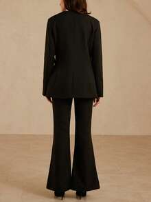 Aveloria Rosie Minimalist V-Neck Embossed Metal Button Waist Fitted Blazer Suit - Black - View 6