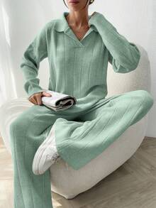 EURMUSE 2buc/Set Pulover tricotat largi cu guler polo cu nervuri uni - Menta verde - Vizualizare 5