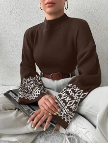 EURMUSE Suéter de punto con patrón geométrico para mujer, otoño e invierno - Marrón Chocolate - Ver 5