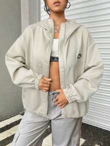 SHEIN EZwear 秋冬女装休闲卡其色字母贴片落肩拉链连帽夹克 - 卡其色 - 查看 3