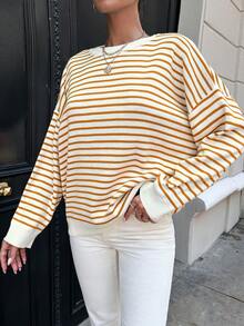SHEIN Cottnline Women'S Striped Drop Shoulder Sweater - Orange - View 5