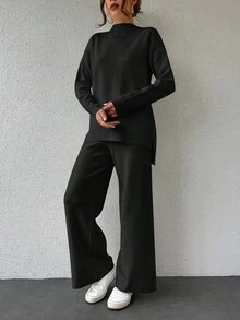 EURMUSE Stand-Collar Long-Sleeved Sweater And Knitted Trousers Two-Piece Set - Black - View 5