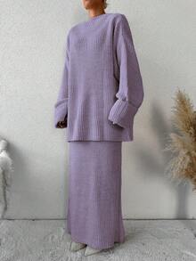 EURMUSE 女款休閒純色寬鬆毛衣與裙子兩件套，秋冬款 - 紫丁香色 - 查看 6