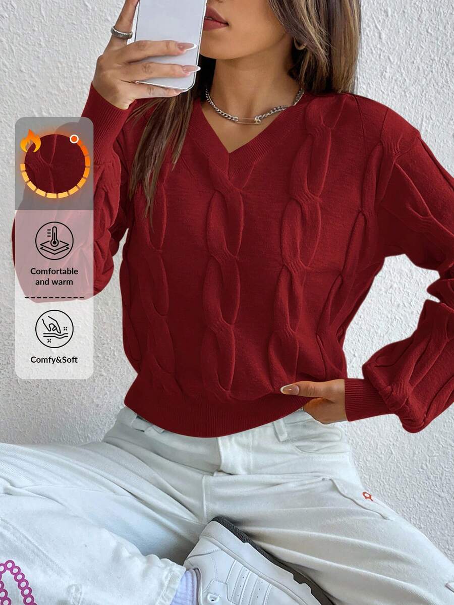 Cloudara Cable Knit Drop Shoulder Sweater - Rose Red - View 1