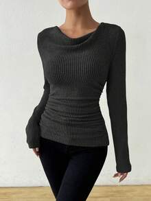 SHEIN Vintage Asymmetrical Draped Neck Textured Ruched Fitted Long Sleeve T-Shirt - Dark Grey - View 5