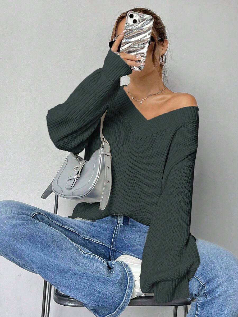 SHEIN Unity 女士休闲日常通勤落肩宽松V领毛衣，秋冬 - 灰色 - 查看 1