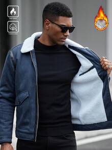 Manfinity CasualCool Men's Solid Color Casual Long Sleeve Thermal Lined Collar Fleece-Lined Jacket Men Blue Aviator Jacket Men Bomber Jacket Men Outerwear Blue Jacket