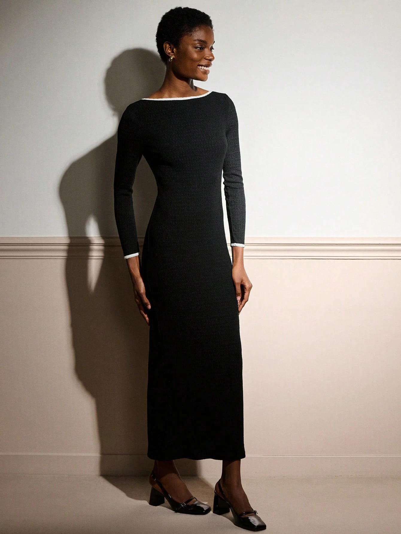 Black Longsleeve Boat Neck Maxi Fitted Dress With Pearl Trim Open Back Detail Vintage Style Chic Party Evening