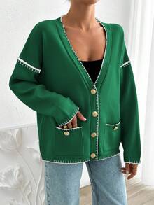 EURMUSE Women Solid Color Deep V-Neck Handmade Stitch Detailed Cardigan - Green - View 7