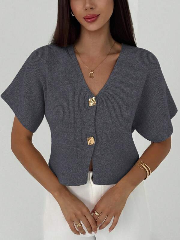 Aloruh New Minimalist Fashion Commuter Deep V-Neck Short Sleeve Slim Fit Double-Button Cardigan, Casual & Versatile