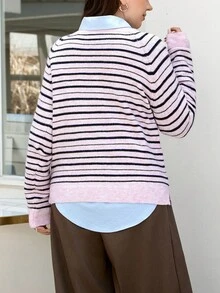 SHEIN LUNE 大码女式条纹圆领插肩袖长袖休闲套头毛衣，适合秋冬季节穿着，也适合万圣节、圣诞节等场合，可作万圣节服装、日常休闲穿着、商务休闲女装或教师款。 - 彩色 - 查看 4