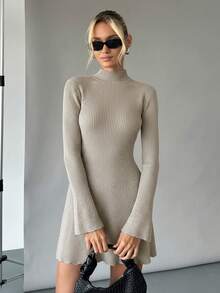 Siren Gaze Winter Women's Turtleneck Sweater Dress, Warm Knitted Bottoming Skirt, Bell Sleeve A-Hem Skirt, Slim And Slim Sweater Skirt, Long Sleeve Dress, Dress,Cozy Fall And Winter Clothes For Women Casual - Apricot - View 3