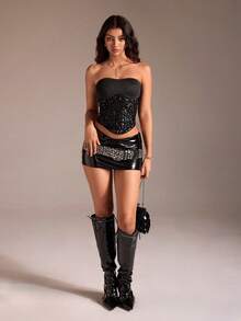 SHEIN TRNDY 1pc Women's Asymmetric Hem Sequin Embellished Bodycon Party/Valentine's Day Top, Black, Suitable For Summer, Autumn, Winter