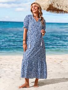 Sylviya 女式 V 领荷叶边饰腰带摆连衣裙，夏季 - 藍色 - 查看 6