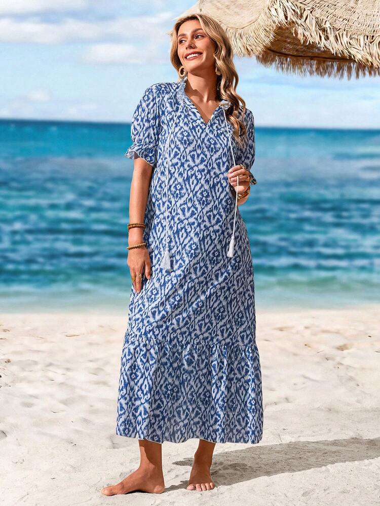 Women's V-Neck Ruffle Trim Tie Waist Swing Dress, Summer
