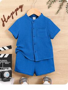 Baby Boy Colorful Blue All-Match Casual Loose Button-Up Short Sleeve Shirt And Shorts Set - Blue - View 1